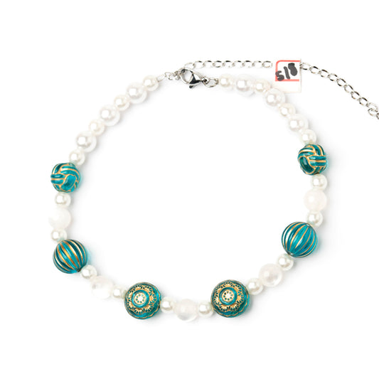 【S 18】小型犬の為の軽量首輪 ビーズネックレス<1点物×ステンレス×溶接> 【フェミニンステル】