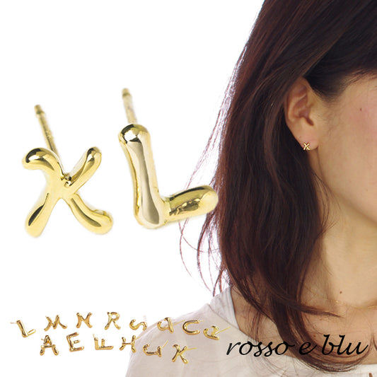 イニシャル ピアス 18金 ゴールド レディース 両耳用 アルファベット ハンドメイド ピアス A E F H J K L M N R S T U Y プッシュギフト